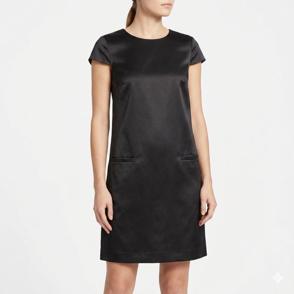 Theory Maryanka Black Shiny Shift Mini Dress Size 4 Cap Sleeve Front Pockets NWT